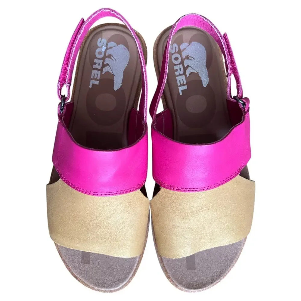 SOREL Pink Cut Out Ella Ii Round Toe Leather Slingback Sandals, US6.5